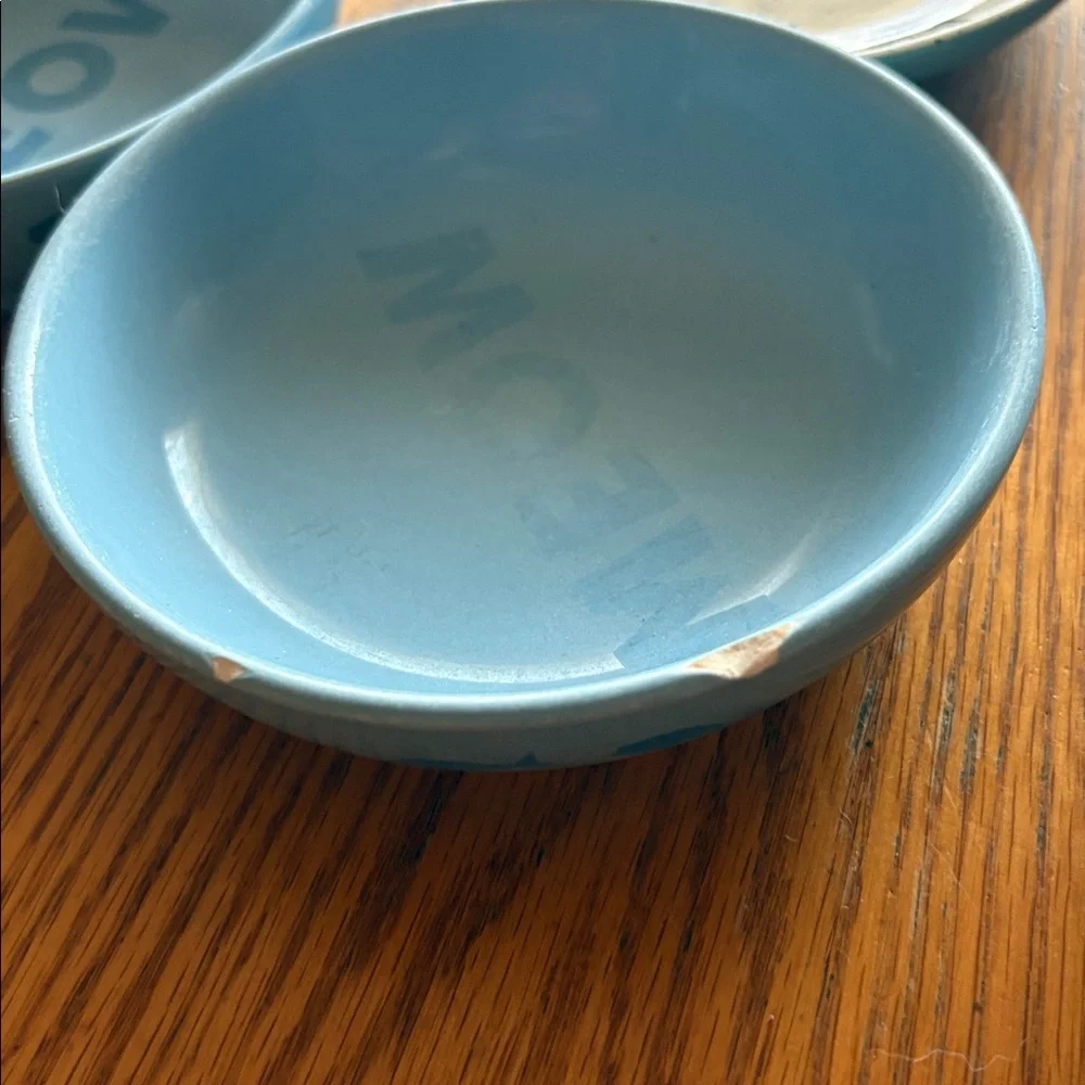 Set/5 Good used condition Blue Ceramic Pet Bowls Set with 'MEOW' and 'WOOF'